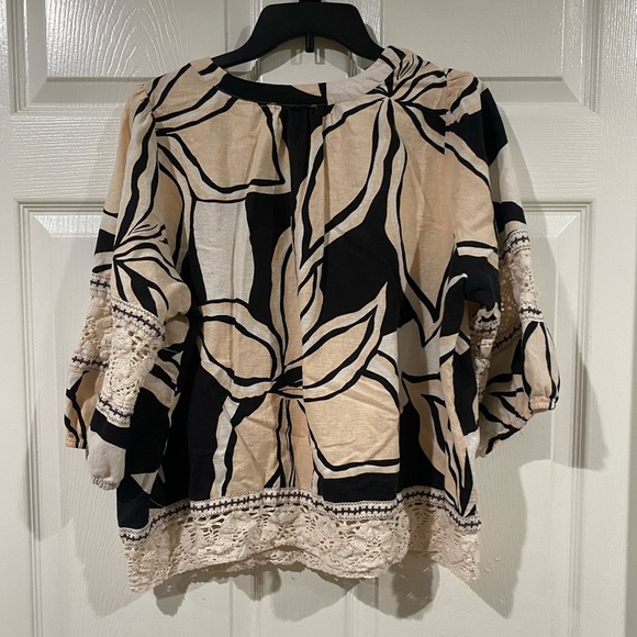 Rachel Zoe Linen Blouse Top Women 1X Black Cream Oversized Puff Sleeve - Picture 7 of 12